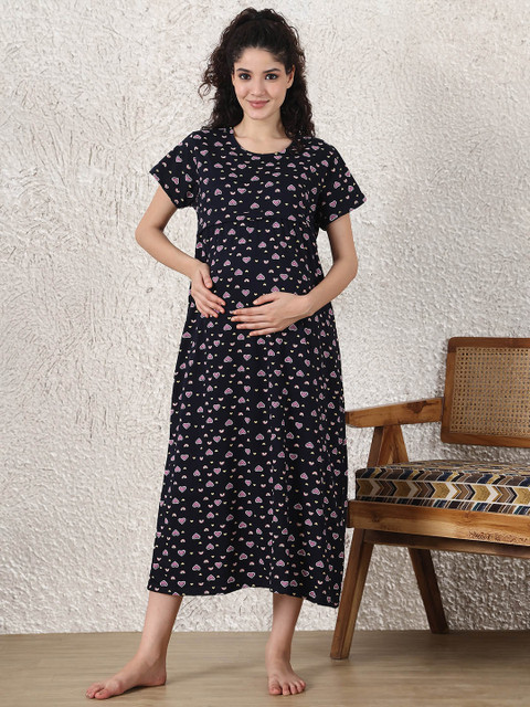Secret Wish Printed Maternity Round Neck Nightdress