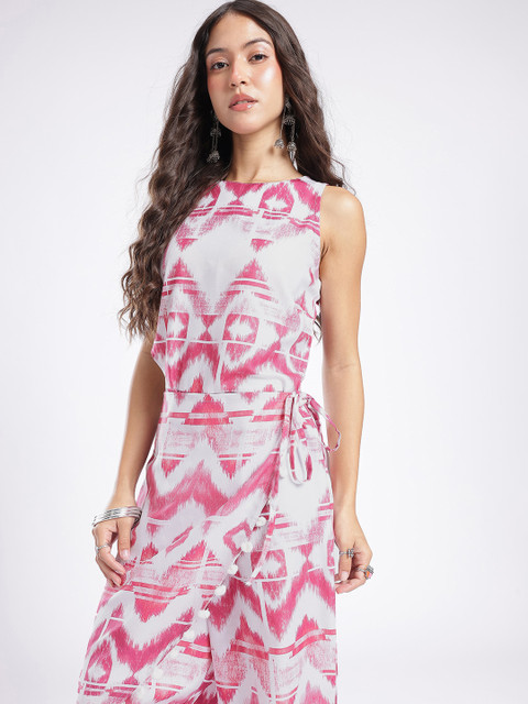 glitchez Geometric Printed Cut-Out Waist Tie-Up Basic Jumpsuit With Pom Pom Detail