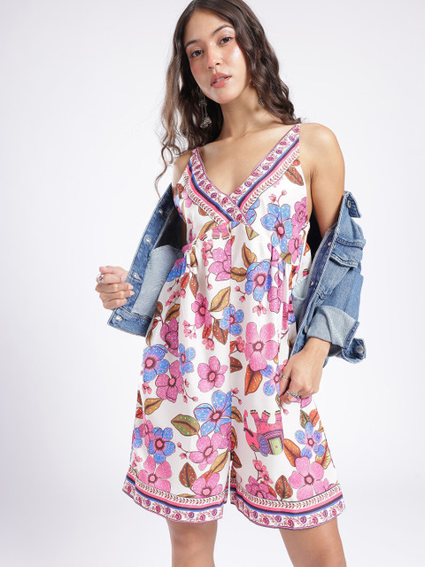 glitchez Plunge Neck Floral Printed Smocked Playsuit