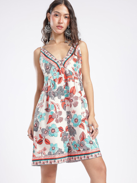 glitchez Plunge Neck Floral Printed Smocked Playsuit