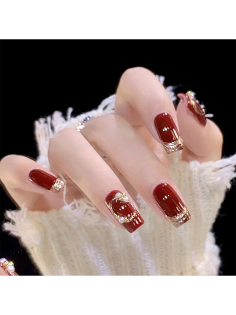 The Pink Truck Set Of 24 Artificial Reusable Nails With Glue - Red With Golden Glitter