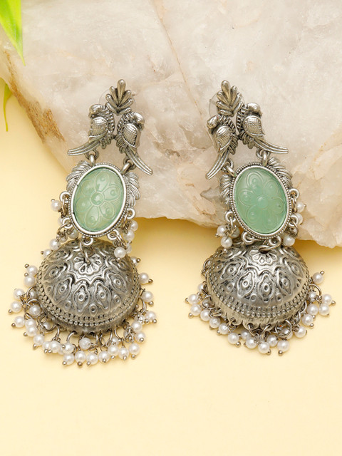 VIVAZS Silver-Plated Artificial Stones Studded And Beaded Dome Shaped Jhumkas