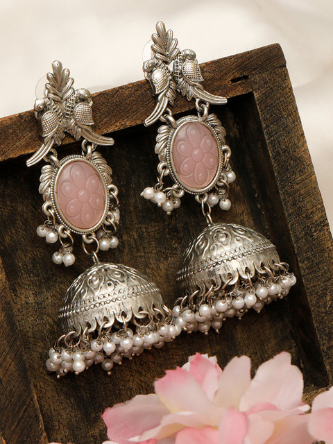 VIVAZS Silver-Plated Artificial Beaded Dome Shaped Oxidised Jhumkas