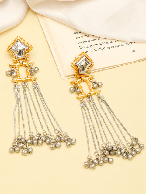 VIVAZS Silver-Plated Artificial Stones Studded And Beaded Contemporary Drop Earrings