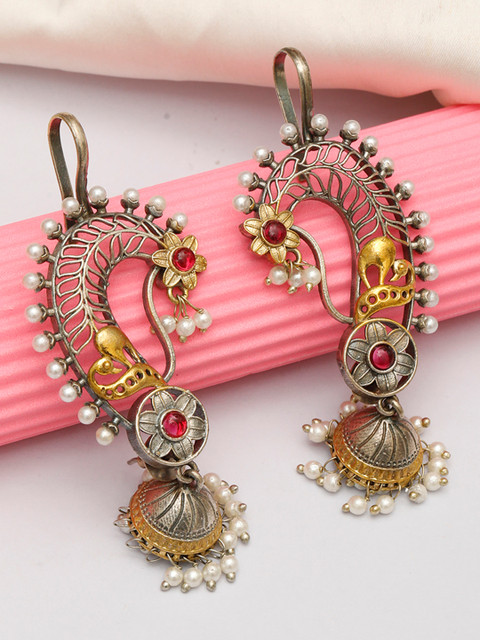 VIVAZS Silver-Plated Artificial Stones Studded And Beaded Peacock Shaped Drop Earrings