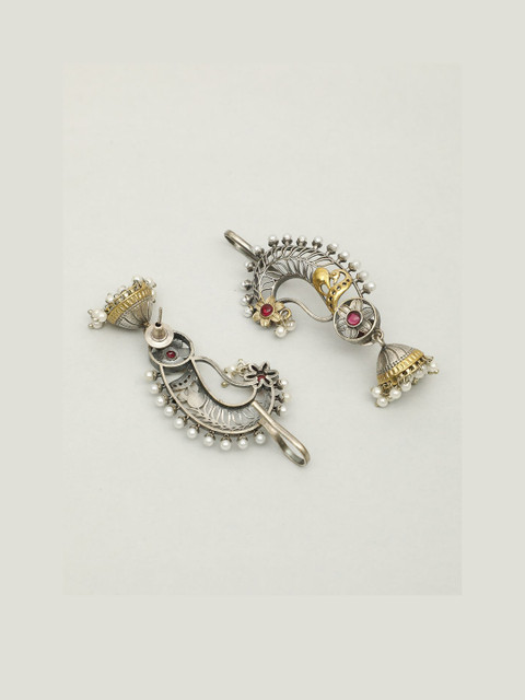VIVAZS Silver-Plated Artificial Stones Studded And Beaded Peacock Shaped Drop Earrings - Image 4