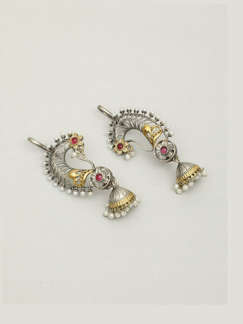 VIVAZS Silver-Plated Artificial Stones Studded And Beaded Peacock Shaped Drop Earrings - Image 3