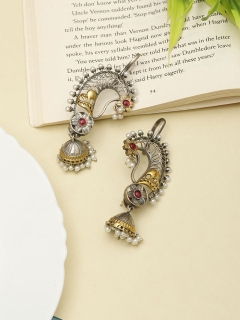 VIVAZS Silver-Plated Artificial Stones Studded And Beaded Peacock Shaped Drop Earrings - Image 2