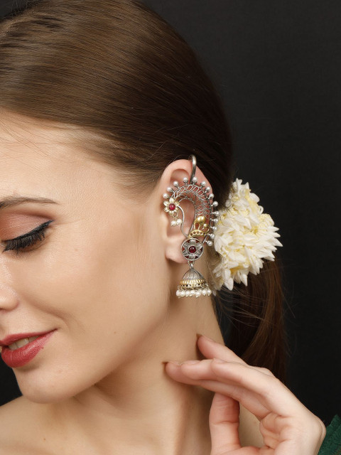 VIVAZS Silver-Plated Artificial Stones Studded And Beaded Peacock Shaped Drop Earrings - Image 6