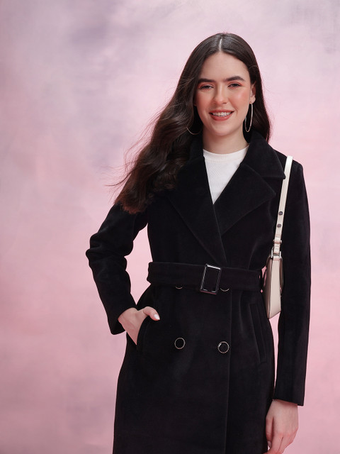 DressBerry Double-Breasted Velvet Belted Longline Overcoat