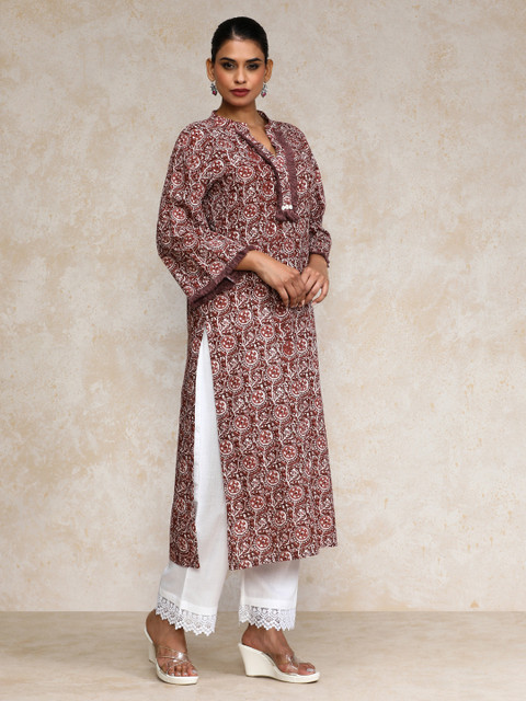 Varanga Floral Printed Cotton Mandarin Collar Straight Kurta - Image 4