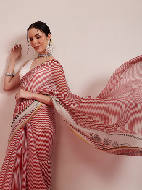 Silk Land Striped Digital Printed Zari Chanderi Saree