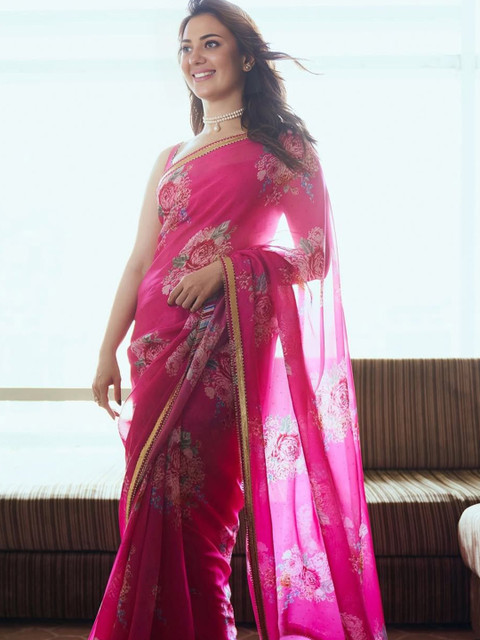 Kalista Floral Printed Sequinned Pure Chiffon Saree - Image 2