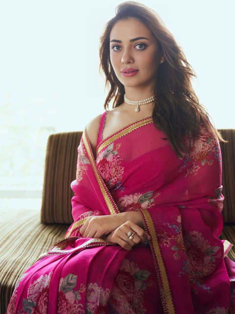 Kalista Floral Printed Sequinned Pure Chiffon Saree - Image 4