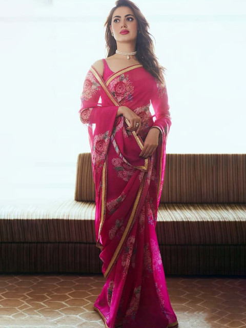 Kalista Floral Printed Sequinned Pure Chiffon Saree