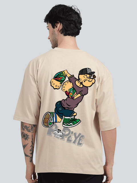 BDSQUARE Men Popeye Graphic Printed Round Neck Cotton Oversized T-shirt