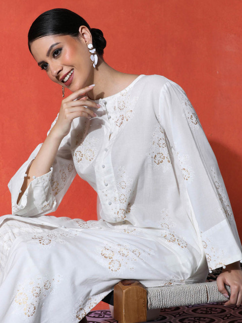 Sangria Floral Embroidered Pure Cotton A-Line Kurta & Trousers