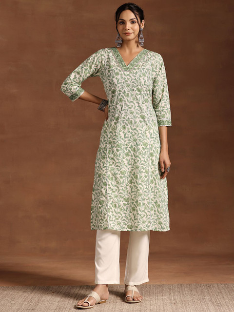 Libas Floral Printed V Neck Pure Cotton Kurta - Image 2