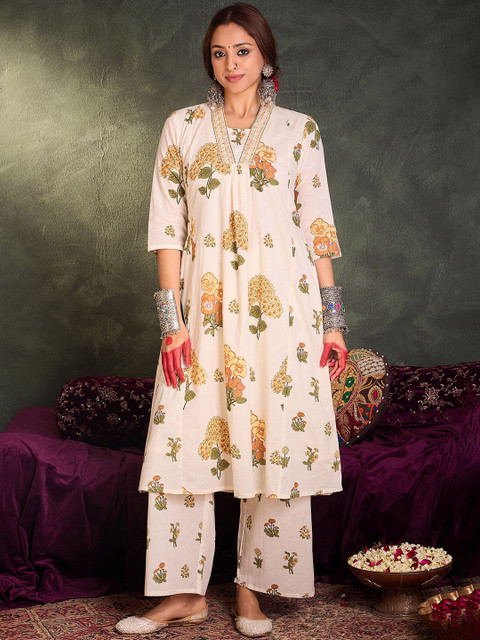 Indo Era Floral Printed Pure Cotton A-Line Tunic With Palazzo - Image 2