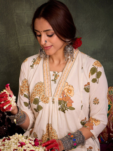 Indo Era Floral Printed Pure Cotton A-Line Tunic With Palazzo - Image 3