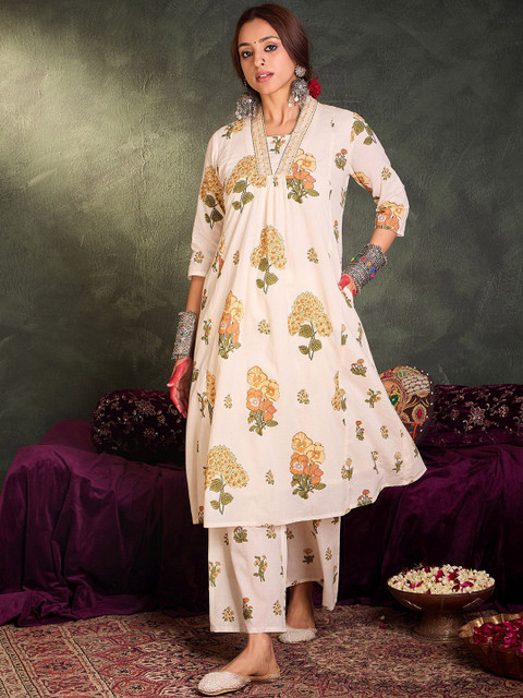 Indo Era Floral Printed Pure Cotton A-Line Tunic With Palazzo - Image 7