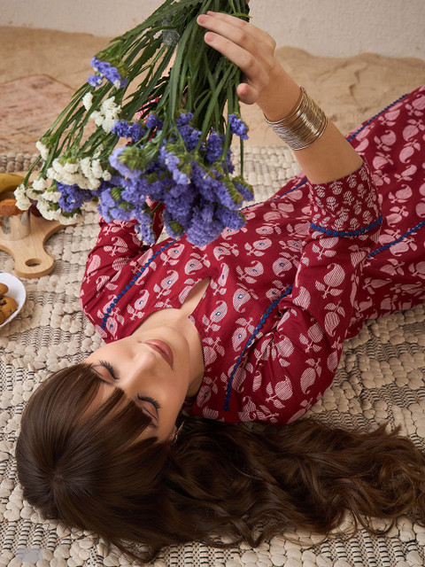 Indo Era Paisley Printed Pure Cotton Notch Neck Straight Tunic And Trousers