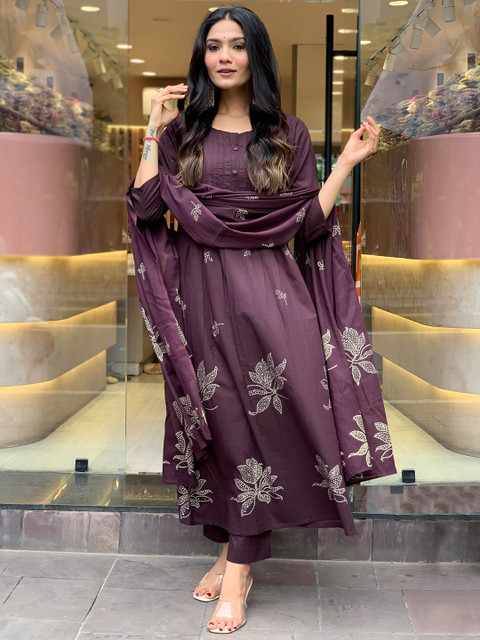 GoSriKi Floral Printed Round Neck A-Line Kurta With Trousers & Dupatta - Image 7