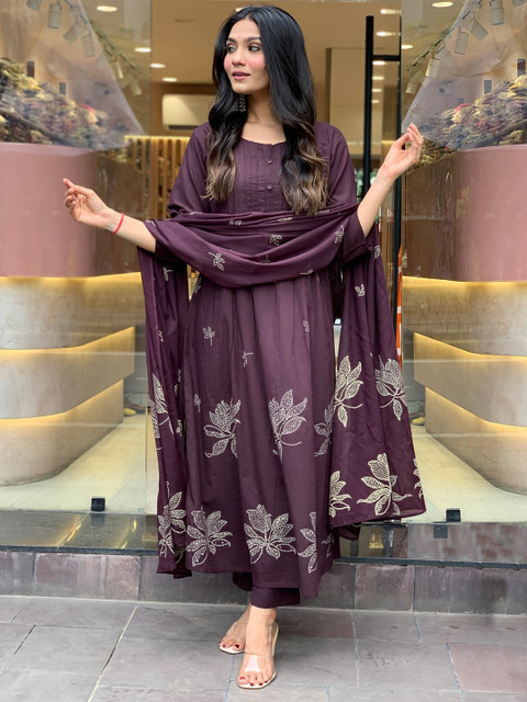 GoSriKi Floral Printed Round Neck A-Line Kurta With Trousers & Dupatta