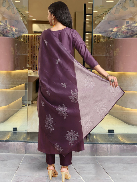 GoSriKi Floral Printed Round Neck A-Line Kurta With Trousers & Dupatta - Image 5