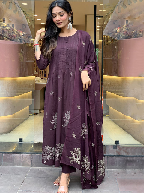 GoSriKi Floral Printed Round Neck A-Line Kurta With Trousers & Dupatta - Image 4