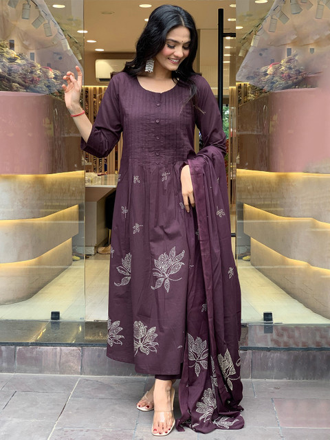 GoSriKi Floral Printed Round Neck A-Line Kurta With Trousers & Dupatta - Image 3