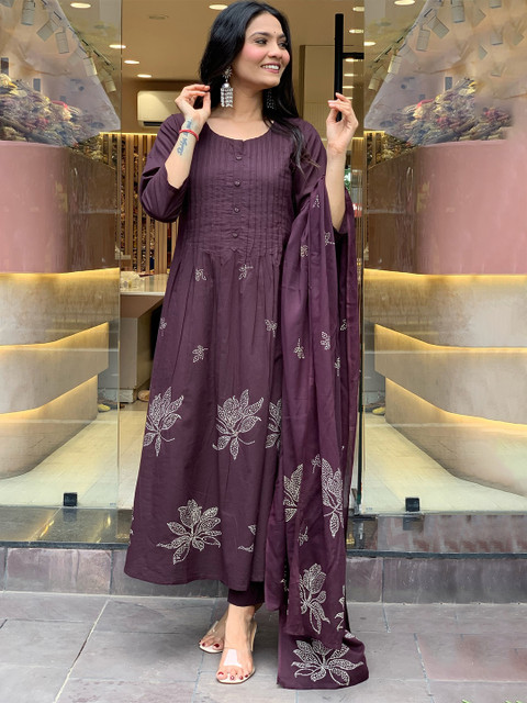 GoSriKi Floral Printed Round Neck A-Line Kurta With Trousers & Dupatta - Image 6