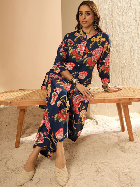 Indo Era Floral Printed Three-Quarter Sleeves Tunic With Palazzos