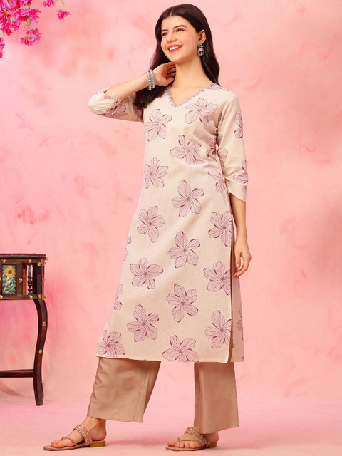 Anouk Rustic Floral Printed V-Neck Cotton Straight Kurta - Image 4