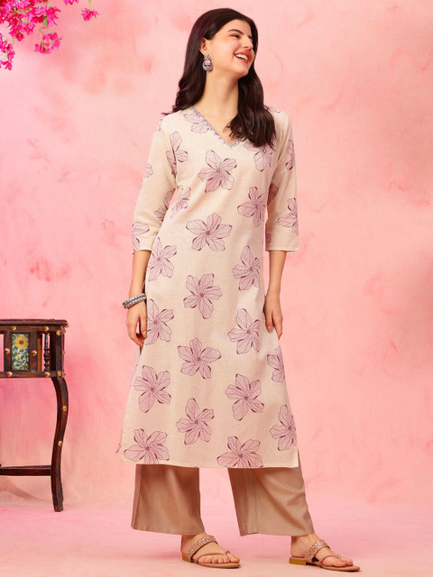 Anouk Rustic Floral Printed V-Neck Cotton Straight Kurta - Image 3