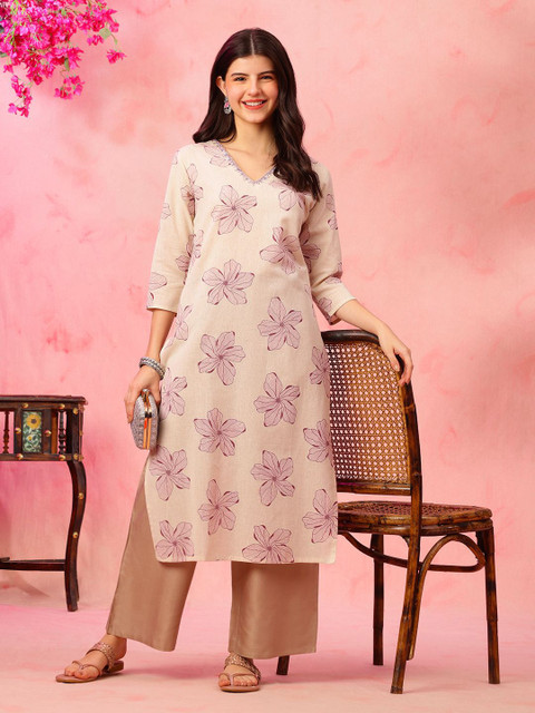 Anouk Rustic Floral Printed V-Neck Cotton Straight Kurta - Image 6