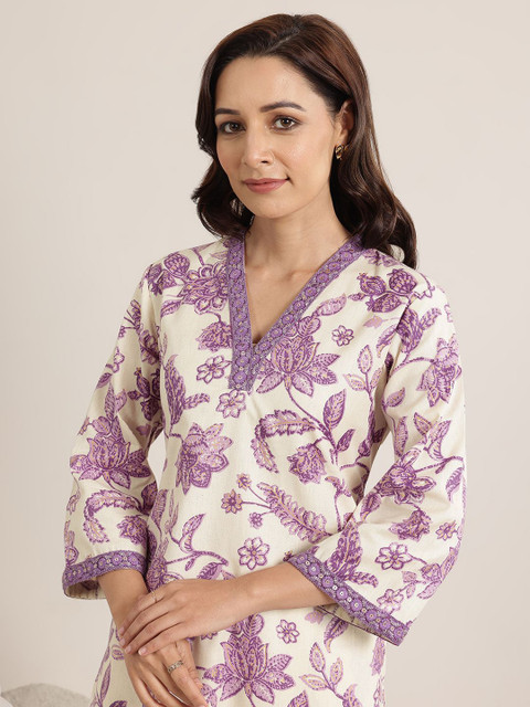 Libas Women Floral Printed Sequins Straight Kurta - Image 3