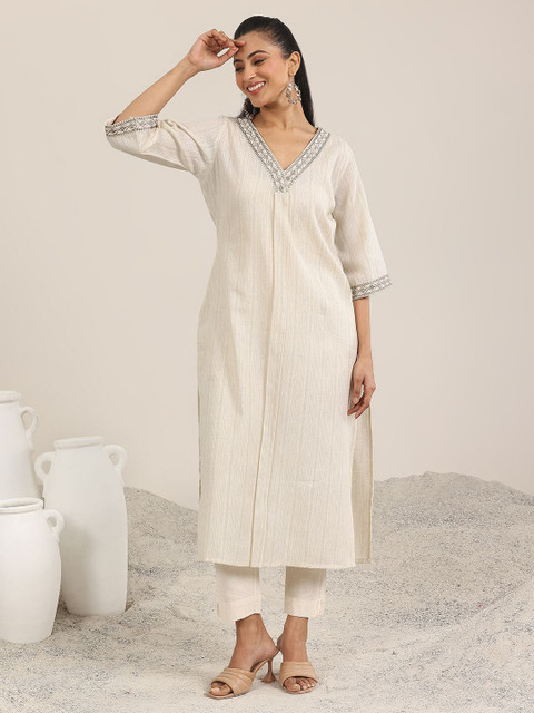 Libas Woven Design V-Neck Pure Cotton Straight Kurta - Image 6