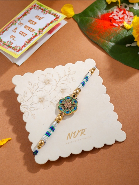 NVR Unisex Peacock Multicolor Artificial Stones & Pearls Thread Rakhi With Roli Chawal