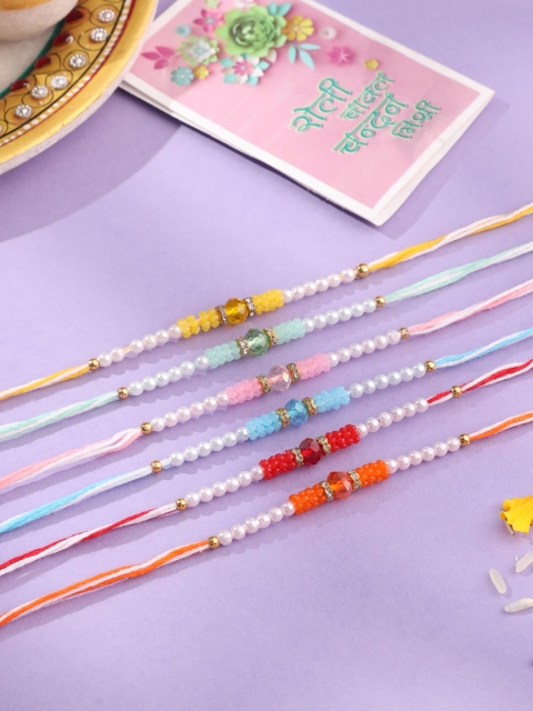NVR Unisex Set of 6 Multicolor Artificial Stones & Pearls Rakhi With Roli Chawal