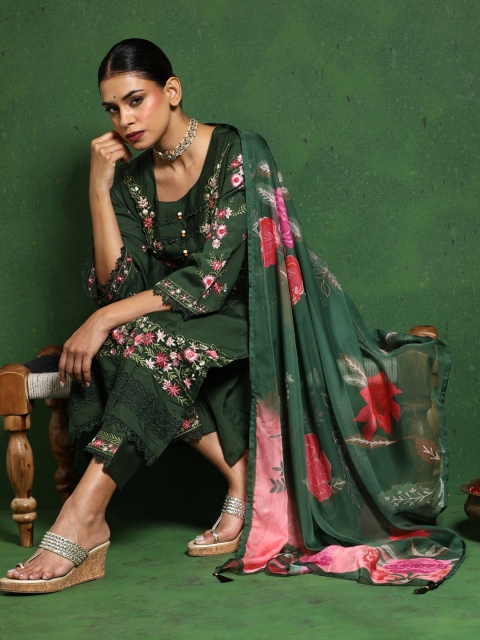 Varanga Women Floral Embroidered Regular Thread Work Pure Cotton Kurta with Trousers & With Dupatta
