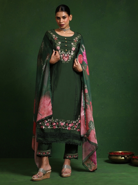 Varanga Women Floral Embroidered Regular Thread Work Pure Cotton Kurta with Trousers & With Dupatta - Image 2