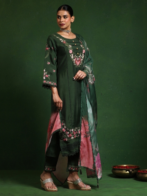 Varanga Women Floral Embroidered Regular Thread Work Pure Cotton Kurta with Trousers & With Dupatta - Image 4
