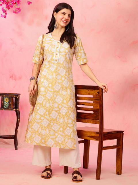 Anouk Rustic Floral Printed Round Neck Cotton Straight Kurta - Image 7