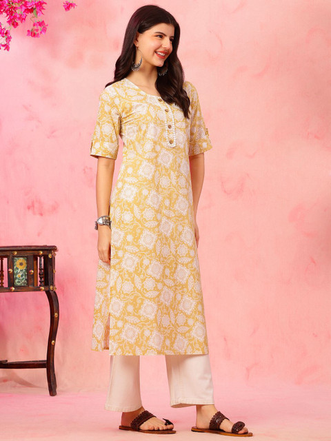 Anouk Rustic Floral Printed Round Neck Cotton Straight Kurta - Image 4