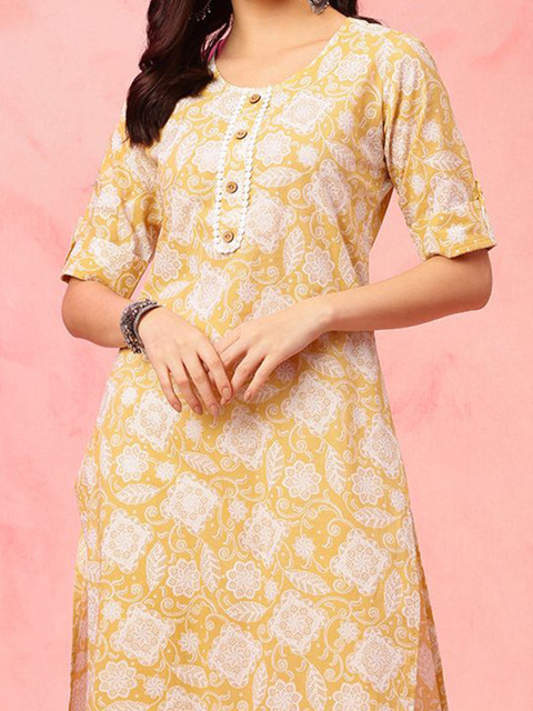 Anouk Rustic Floral Printed Round Neck Cotton Straight Kurta - Image 3