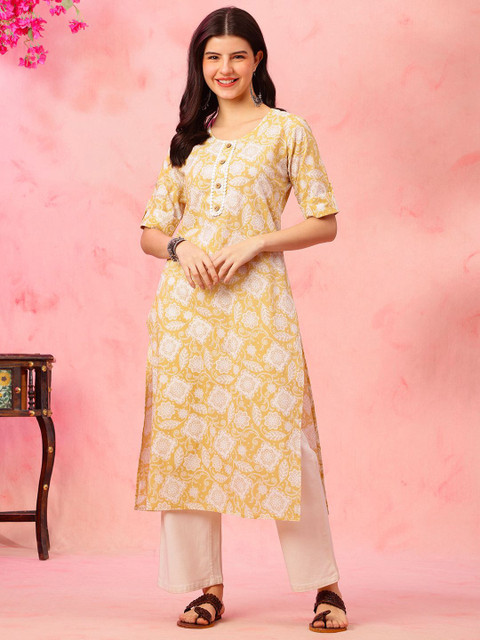Anouk Rustic Floral Printed Round Neck Cotton Straight Kurta - Image 2