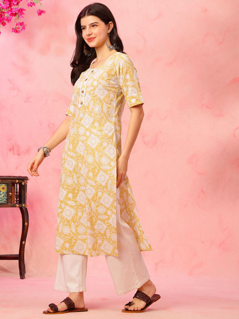 Anouk Rustic Floral Printed Round Neck Cotton Straight Kurta - Image 5