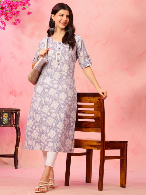 Anouk Rustic Floral Printed Round Neck Cotton Straight Kurta - Image 7