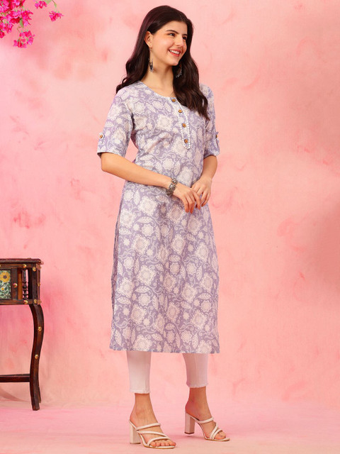 Anouk Rustic Floral Printed Round Neck Cotton Straight Kurta - Image 4
